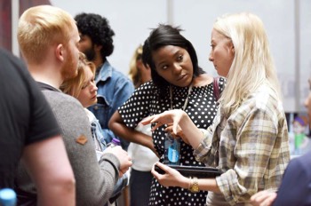  @Framestore Recruitment Manager Syntyche Bio talking to @TeessideUni BA Games Art student Agnes Hvalstad 