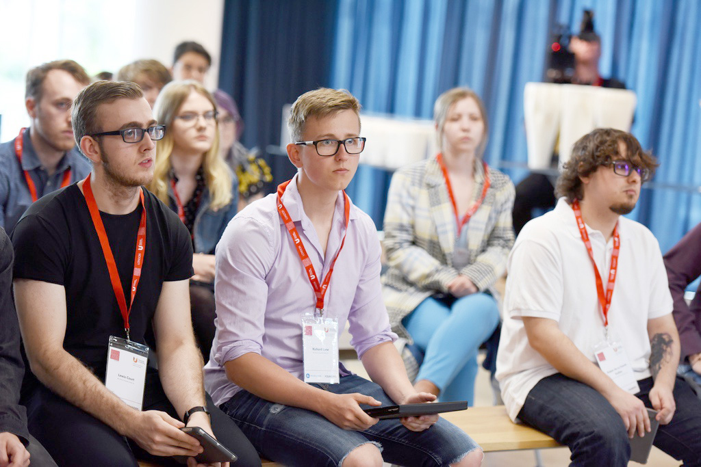  BA Computer Games Art students Richard Lane and Lewis Court attending the debrief session 